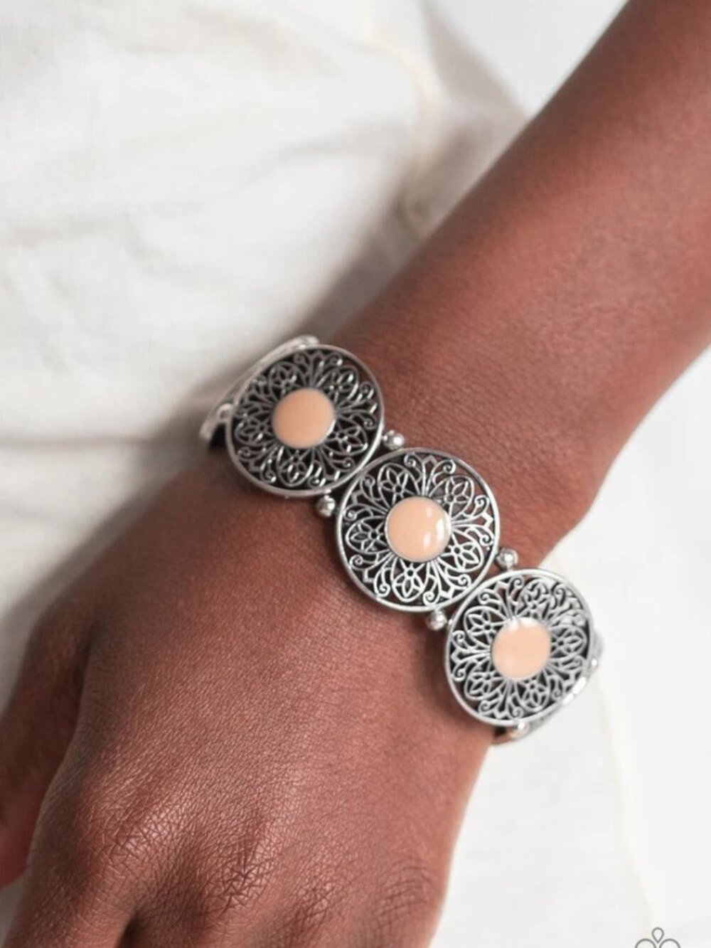 Frilly silver petals bloom from a paintPainted Garden - Brown Bracelet - Vintage